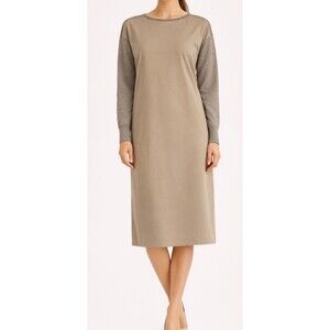 Lauren Ralph Lauren Tan Shift Dress Polyester Front Cotton/Modal Knit Back Sz S